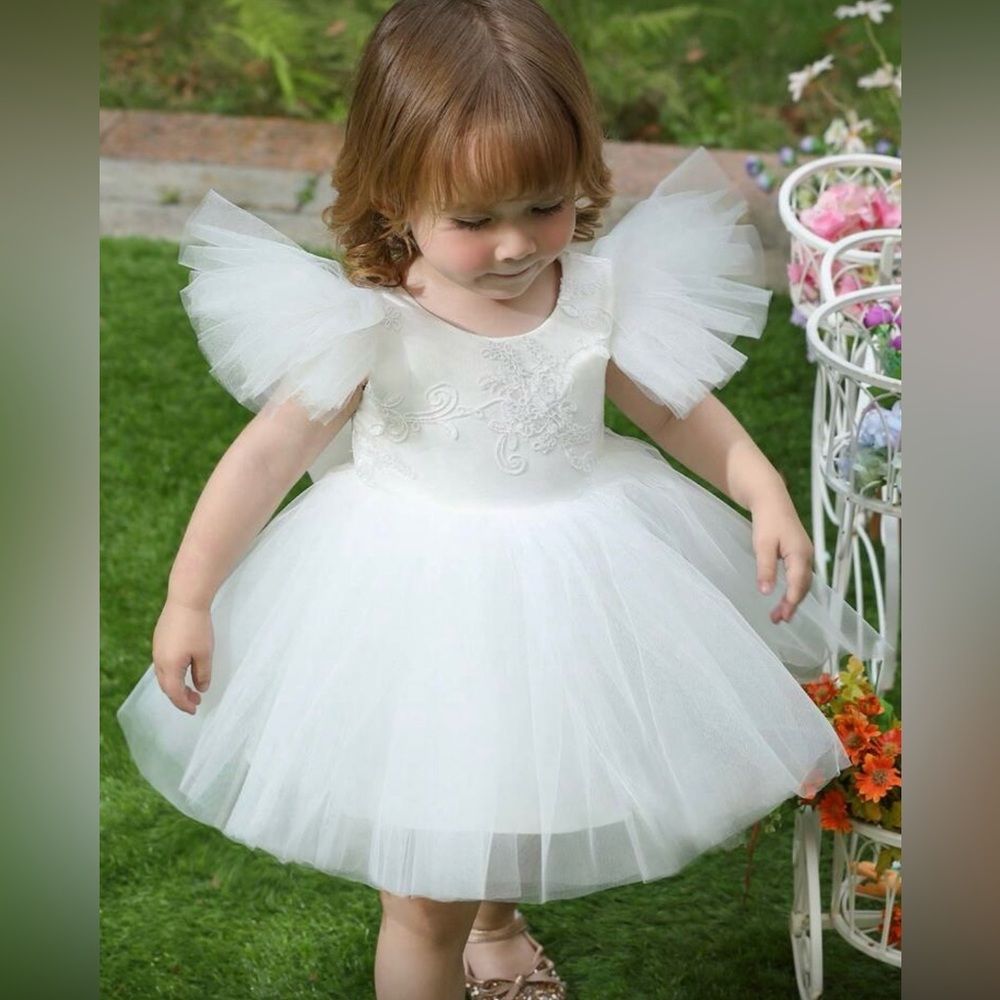 Adorable White Tulle Dress with embroidery and bow in back